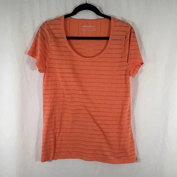 Eddie Bauer Blouse Women's Large Orange Striped Short Sleeve Round Neck - Picture 1 of 11